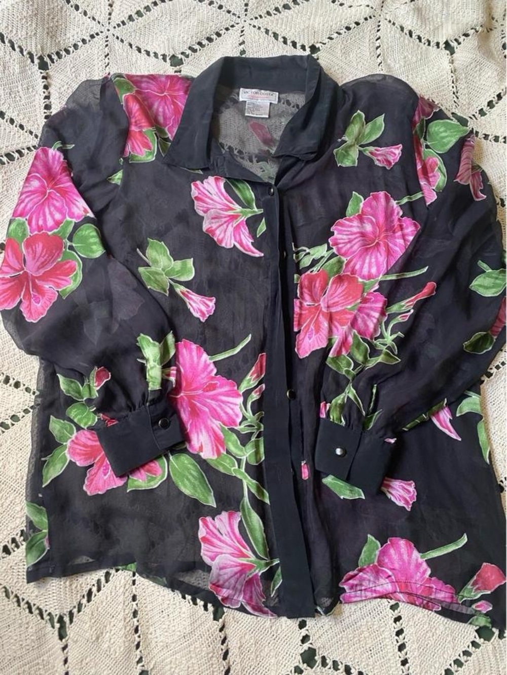 Victor Costa Occasions Black Sheer Blouse with Pink Floral Print